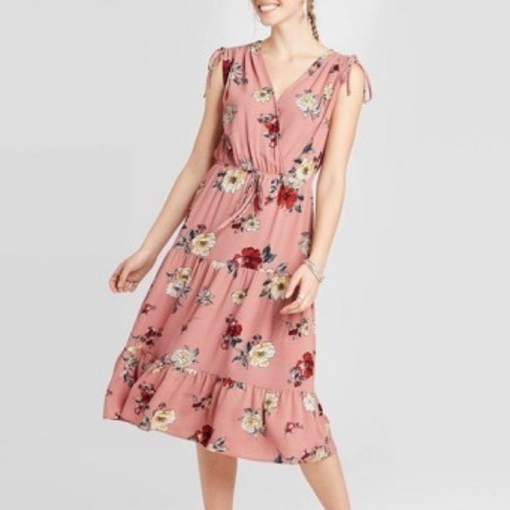 NWT Blush Rose Pink Floral Faux Wrap Midi Dress